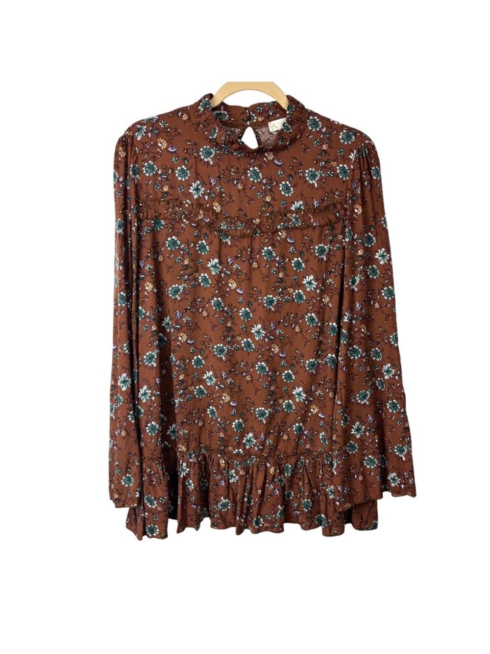 ✨3/$30 Weekend Suzanne Betro S Brown Floral Print Retro Flowy Boho Top Mock Neck